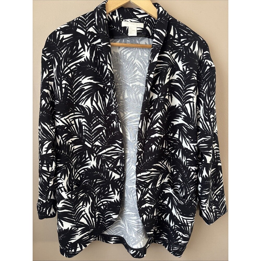 H&M Open Front Cardigan Jacket Womens S Black White Palm Leaf Print